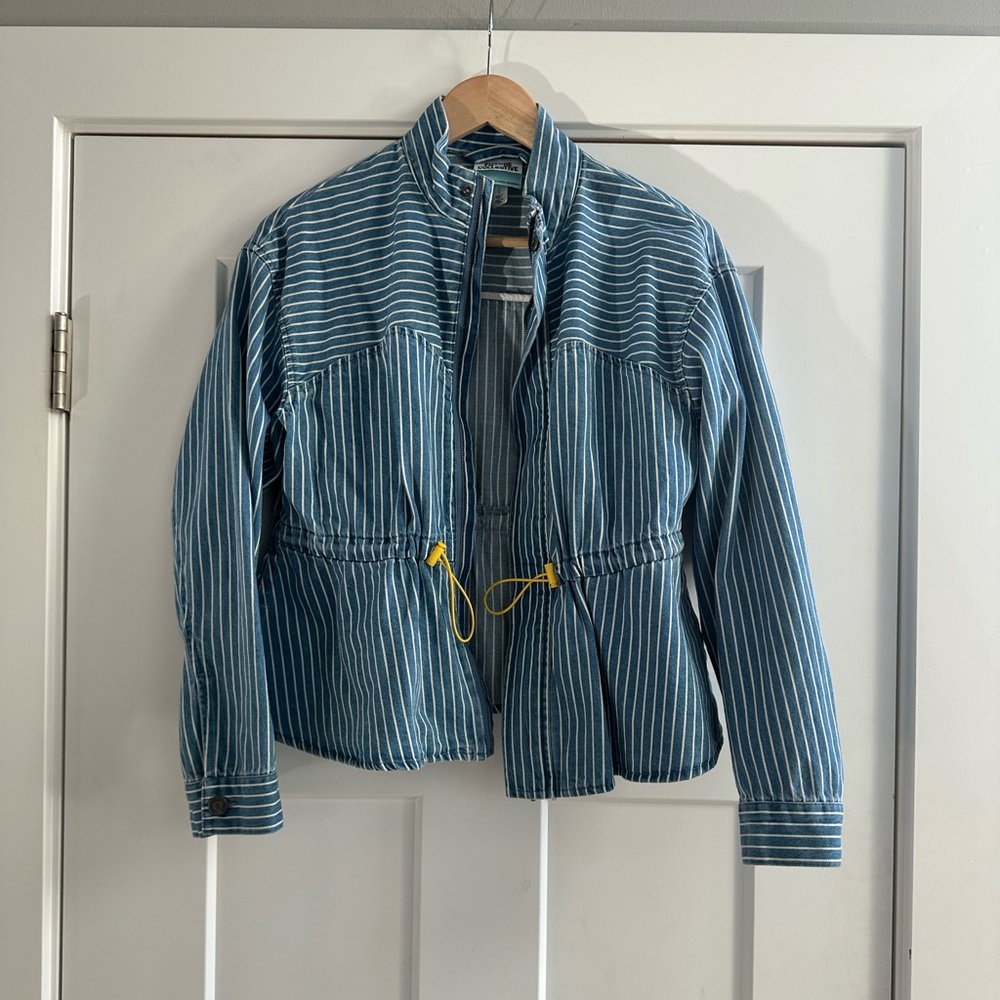 Future Collective Striped Peplum Denim Jacket with Yellow Accents